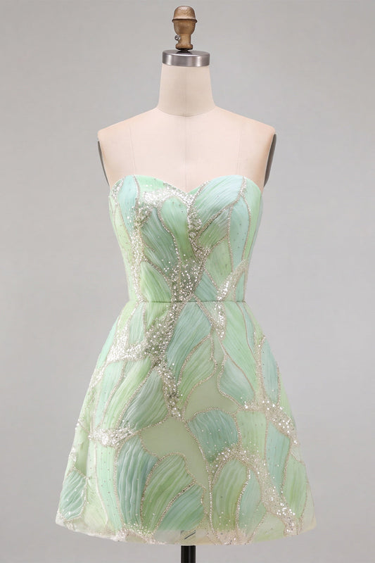 Robe de bal courte trapèze bustier à sequins vert menthe