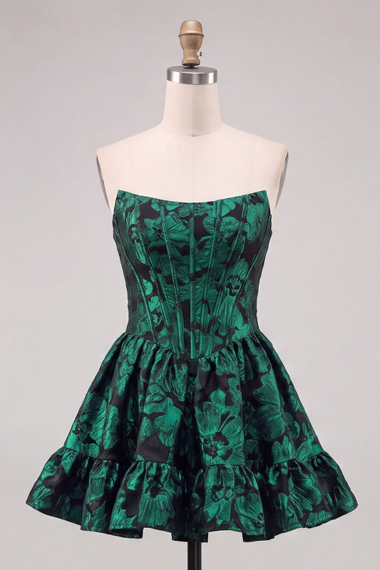 Dark Green Corset Strapless A-Line Floral Embroidery Short Homecoming Dress