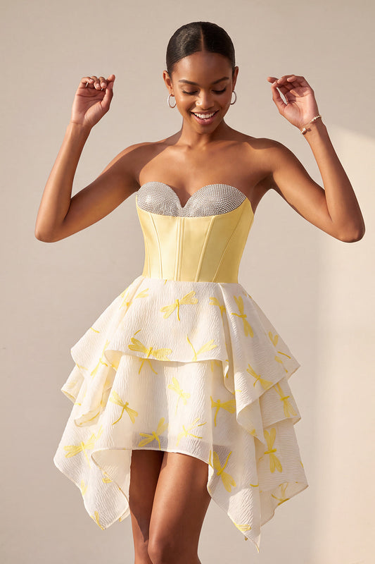 Robe de soirée jaune en ligne A, corset cœur, imprimée, coupe asymétrique, avec strass