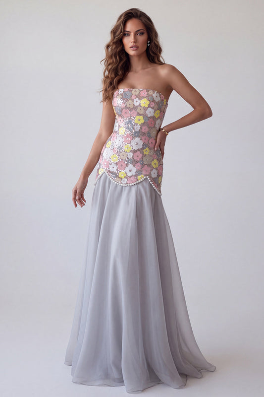 Robe de soirée longue sirène bustier à fleurs gris étincelant avec perles