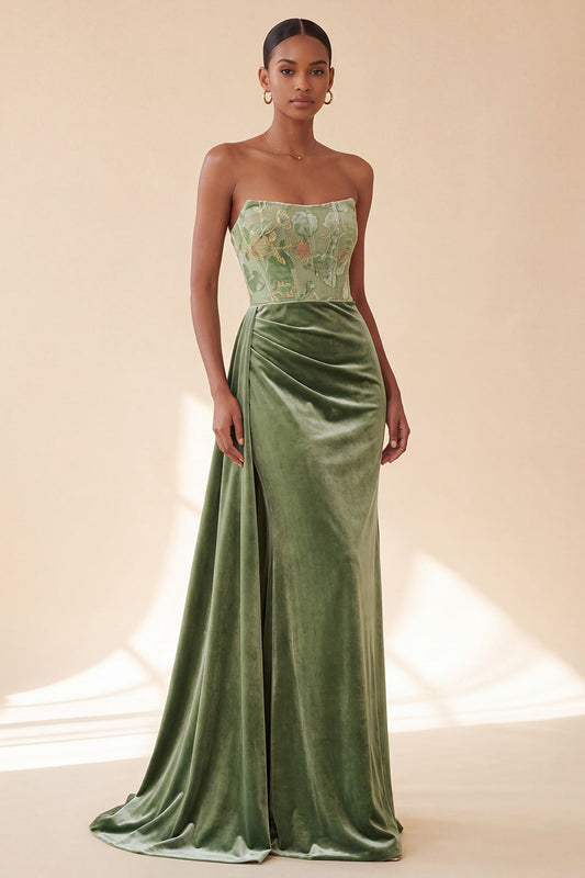 Green Corset Sheath Strapless Velvet Ruched Long Formal Dress with Side Streamer