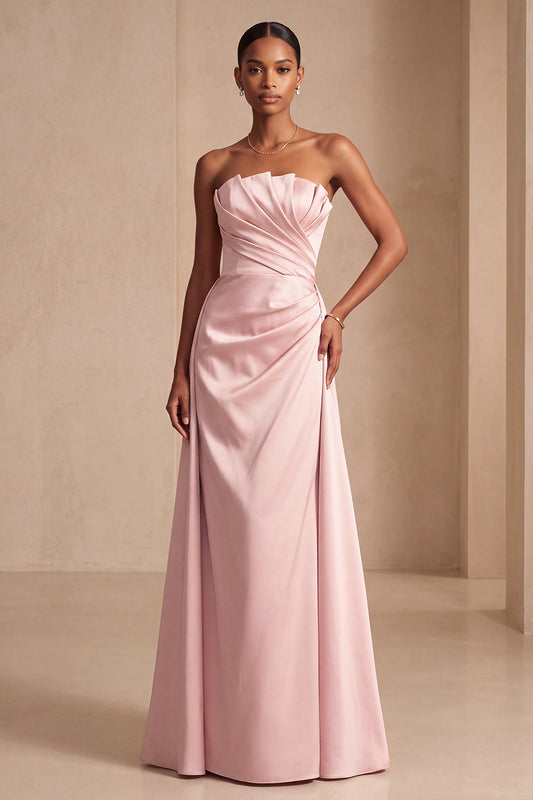 Robe de soirée longue trapèze plissée en satin rose bustier