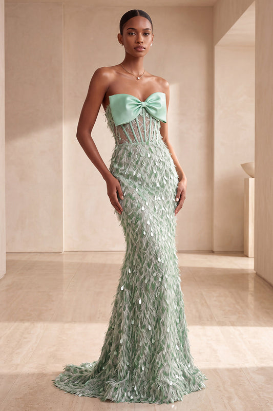 Robe de soirée longue sirène vert sauge corset bustier à sequins avec plumes et nœud