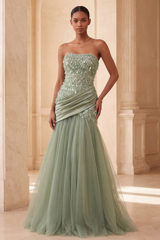 Robe de Soirée Longue Vert Sauge sans Bretelles en Tulle avec Plumes et Paillettes, Coupe Évasée et Drapé