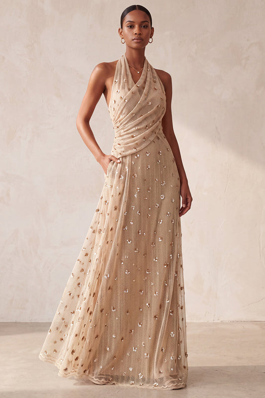 Robe longue de soirée kaki trapèze à licou, froncée, à sequins et perles, avec poches