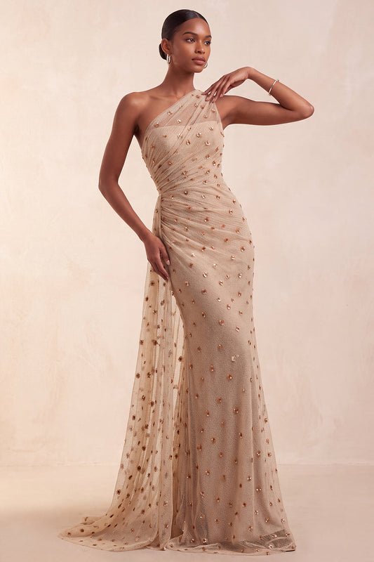 Robe de soirée longue fourreau à paillettes et perles, drapée, asymétrique, couleur kaki, avec traîne