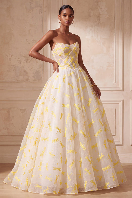 Robe longue de soirée bustier en organza plissée couleur ivoire