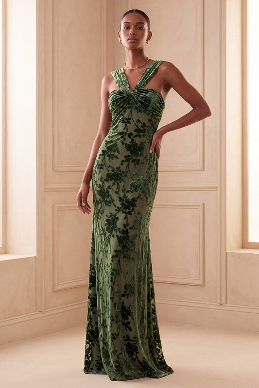 Robe longue de soirée ruchée en velours fleuri motif feuilles d'eucalyptus