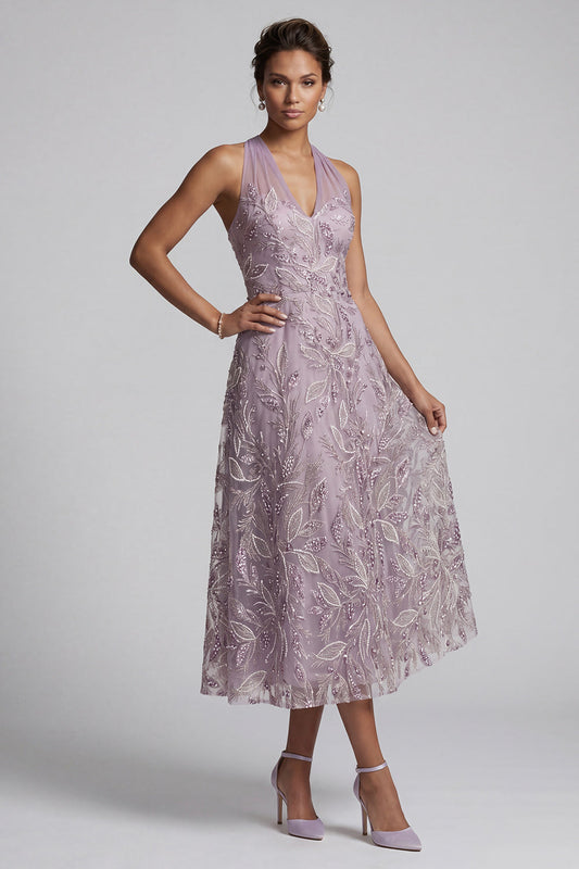 Robe midi de mère de la mariée lilas brodée trapèze à col halter