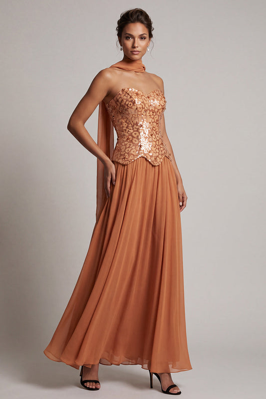 Robe bustier longue en mousseline avec sequins bronze et perles, longueur cheville, drapée, pour la mère de la mariée