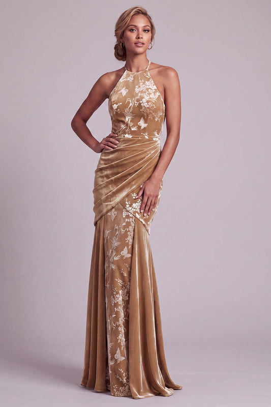 Robe longue de mère de la mariée sirène en velours couleur champagne à encolure dos nu et drapés