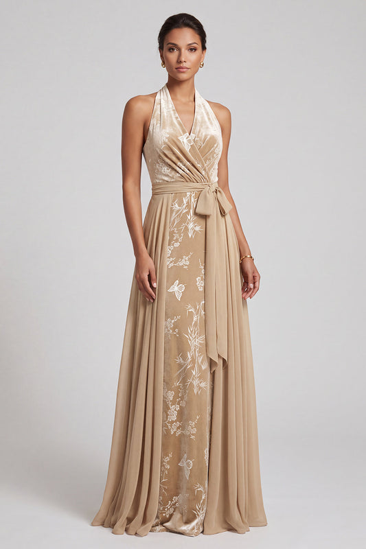 Robe longue de mère de la mariée en velours de Champagne, dos nu, jacquard froncé, avec ceinture