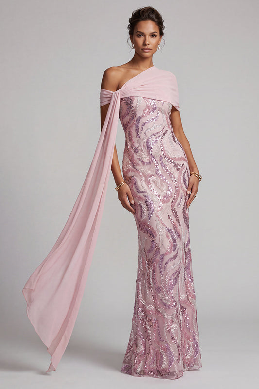 Robe Longue de Mère de la Mariée Sirène Pailletée Rose Scintillante à Une Épaule avec Perles