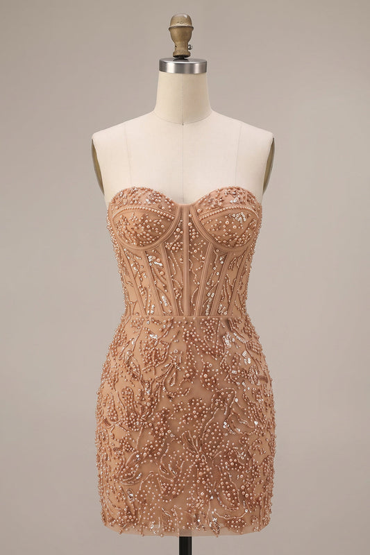Robe de bal courte moulante bustier en champagne à perles avec corset