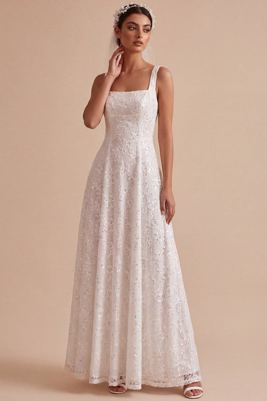 Robe de mariée longue trapèze à encolure carrée avec appliqués et sequins blancs
