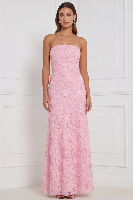 Robe de Demoiselle d'Honneur Longue Rose Sans Bretelles Fourreau à Appliqués Floraux et Sequins