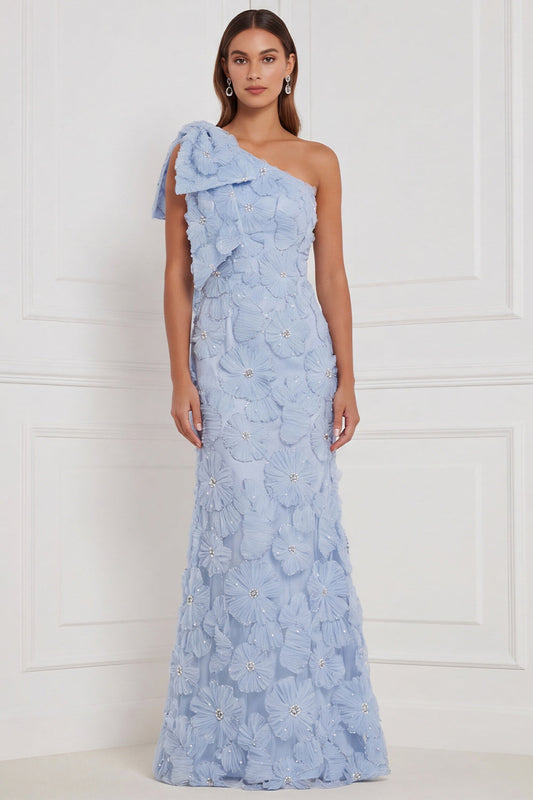 Light Blue Mermaid One-Shoulder Floral Long Bridesmaid Dress