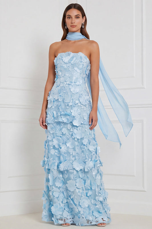 Light Blue Strapless A-Line Tiered 3D Flower Long Bridesmaid Dress