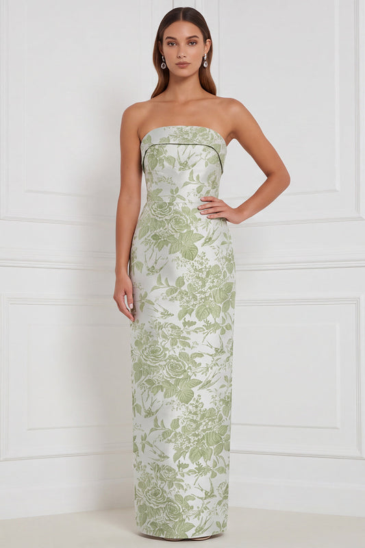 Sage Sheath Floral Strapless Long Bridesmaid Dress with Bow Back