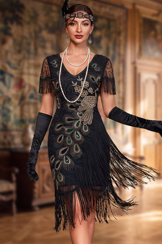 Robe courte fourreau vintage noire à franges, style Charleston, années 20, avec perles