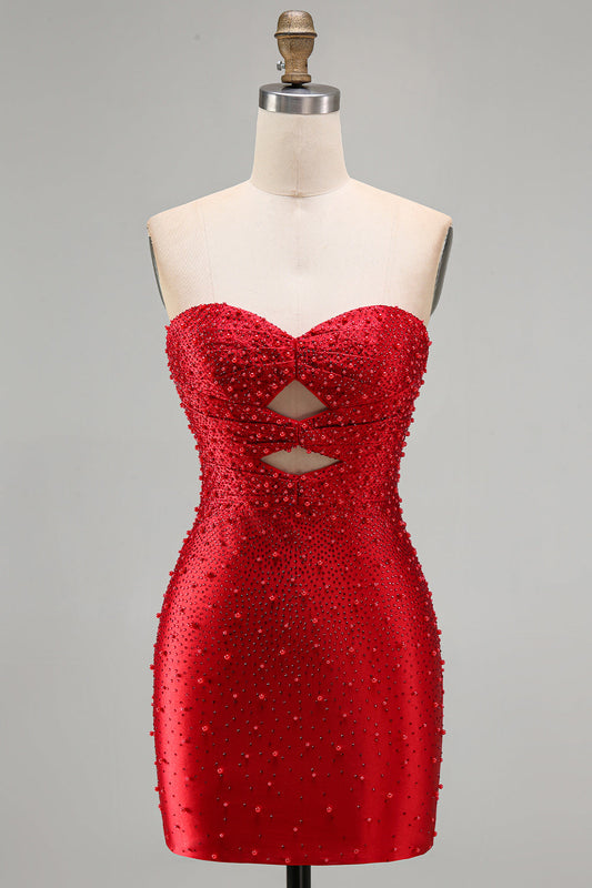 Robe de soirée courte bustier moulante rouge scintillant à découpes et perles avec perles