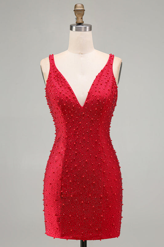 Robe de bal courte moulante en V rouge vif avec perles