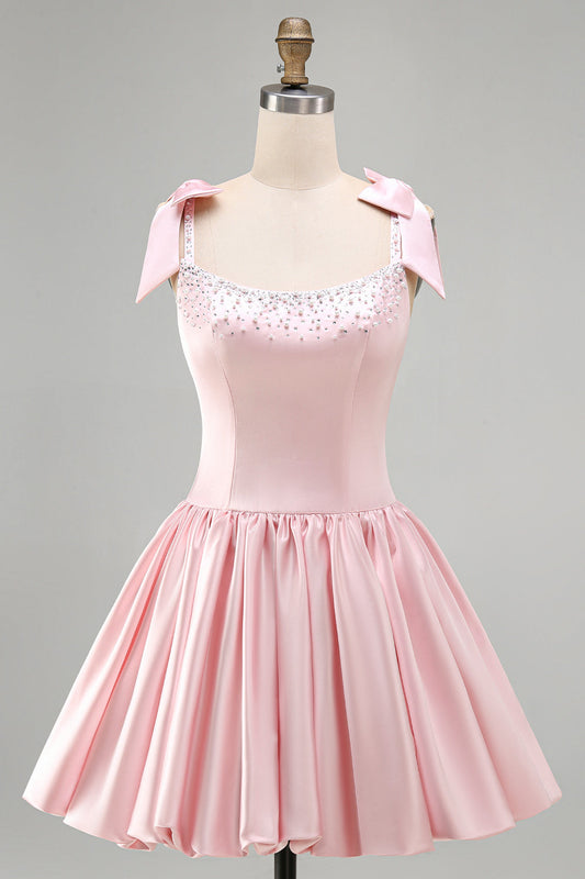 Robe courte de bal de fin d'année en satin rose, coupe trapèze, avec corset, perles, fronces et nœuds