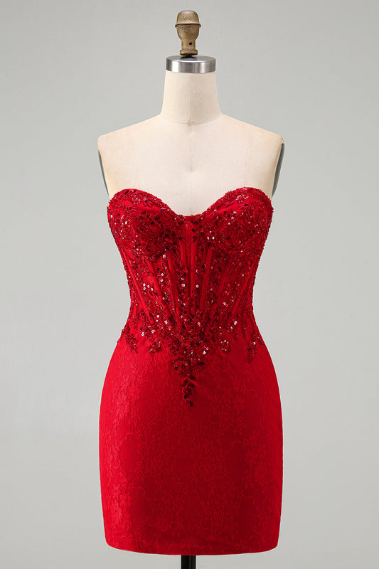Robe courte de cocktail rouge bodycon bustier à perles, paillettes et corset, avec dentelle
