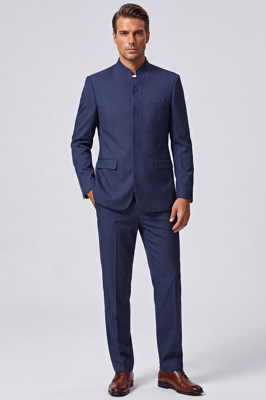 Costume de bal deux pièces bleu marine à col mandarin et broderies pour homme