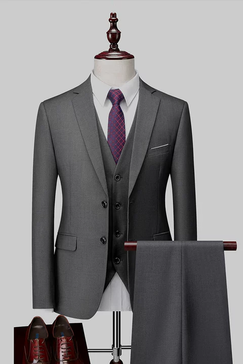 Costume de bal gris foncé pour homme, 3 pièces, revers cranté, coupe droite