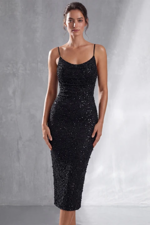 Sparkly Black Spaghetti Straps Sheath Midi Dress