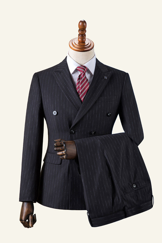 Costume 3 pièces homme à rayures noires croisé à revers pointus