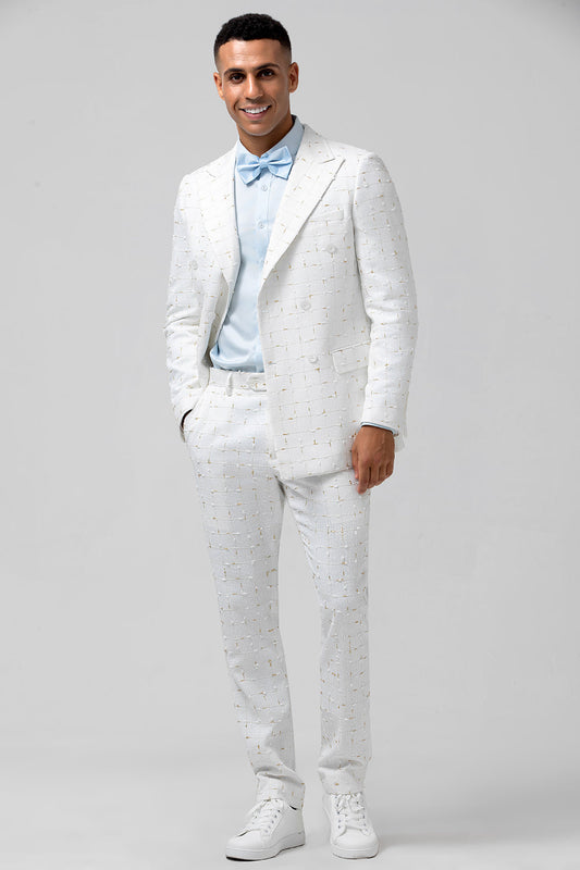 Costumes de mariage 2 pièces pour hommes à revers pointus et boutonnage simple en plaid blanc