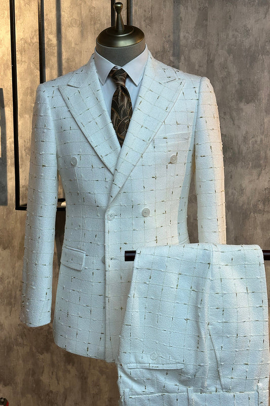 Costume deux pièces à revers cranté et à carreaux blancs pour hommes