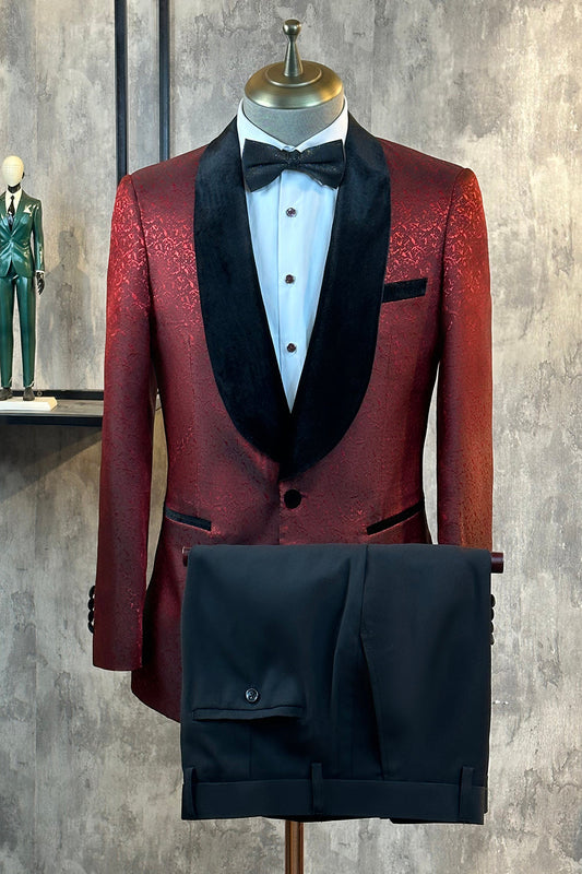 Smoking homme bal de promo en jacquard bordeaux scintillant et revers châle