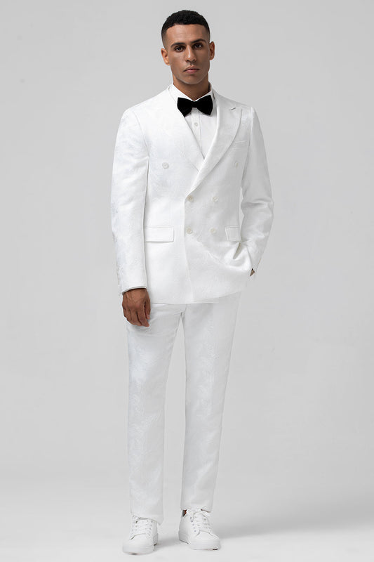 Costume pour homme 2 pièces blanc jacquard à revers cranté et coupe ajustée, double boutonnage