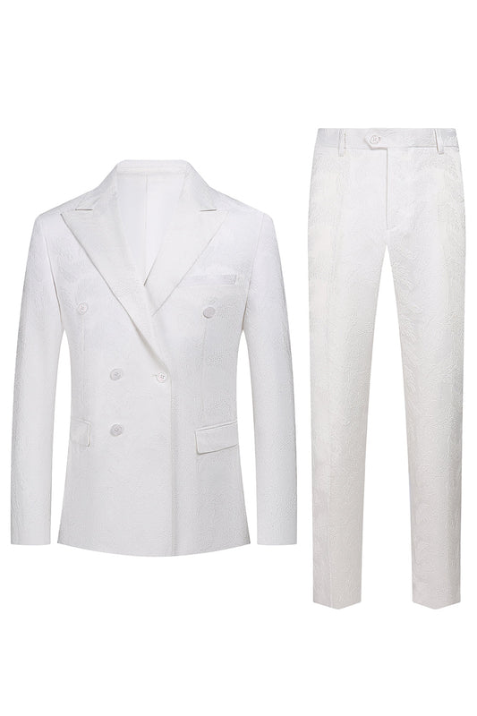 Costumes blancs jacquard à double boutonnage pour homme, 2 pièces