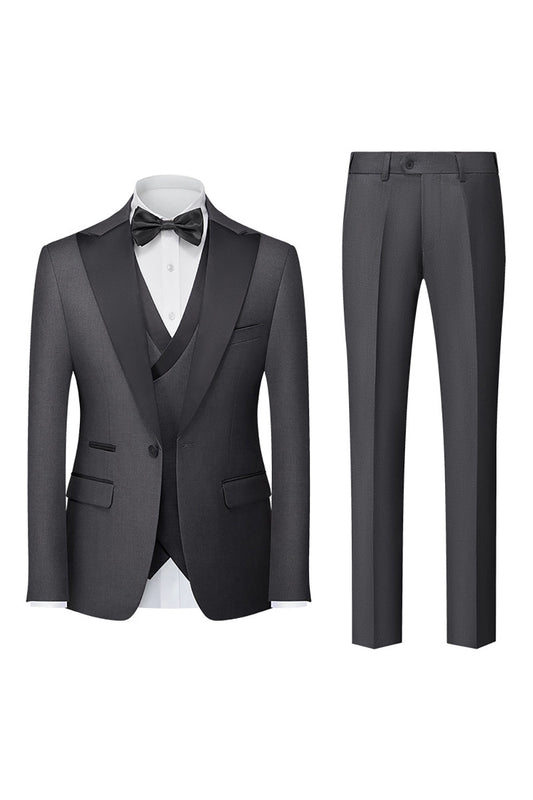 Costume 3 pièces homme noir et gris, revers à pointe, un bouton