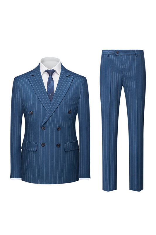Costume Homme Formel 2 Pièces Bleu Marine Rayé à Revers en Pointe