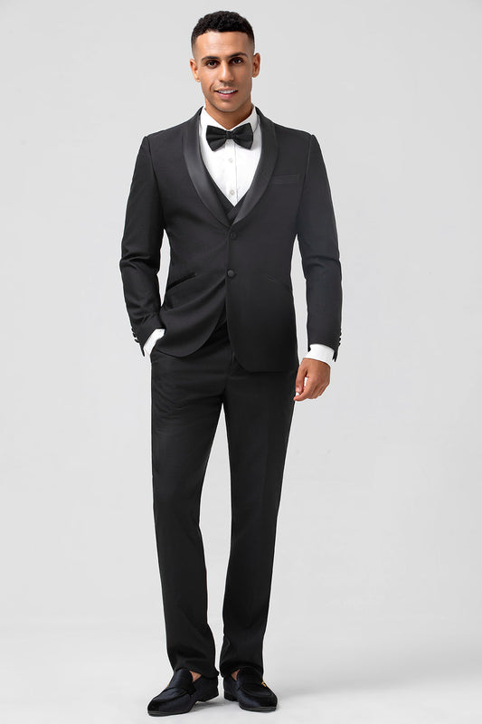 Costume slim 3 pièces homme avec revers en satin noir