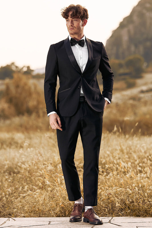 Costume homme 3 pièces noir avec revers châle, coupe slim