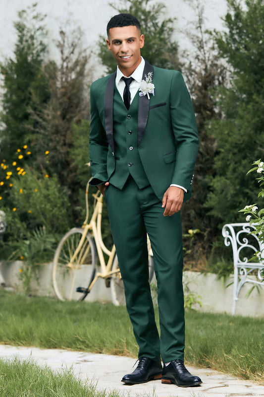 Costumes Homme 3 Pièces Vert Foncé Revers Châle Coupe Slim