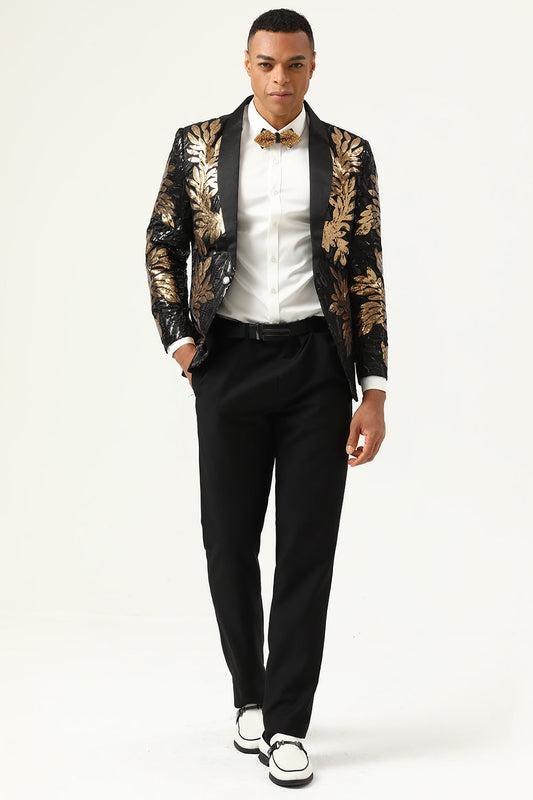 Costume 2 pièces noir et or avec sequins jacquard pour homme