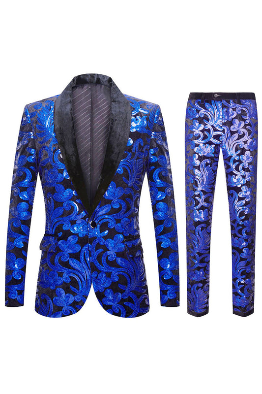 Costumes 2 pièces à sequins bleu roi pour homme