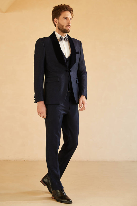 Costume homme bouton unique à revers châle bleu marine