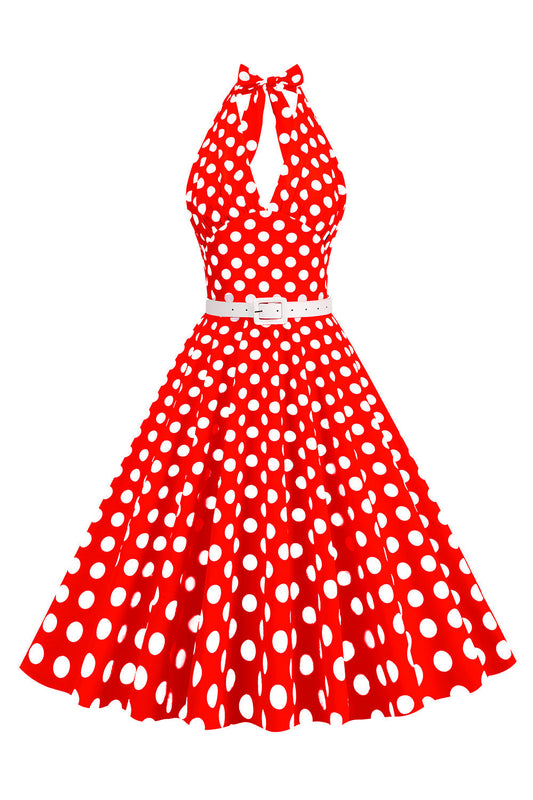 Hepburn Style Halter Neck Polka Dot Red 1950s Dress