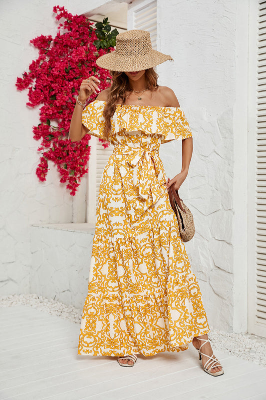 Yellow Printed Off-the-Shoulder Long Summer Dress