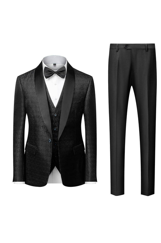 Costume 3 pièces jacquard à revers châle noir pour homme
