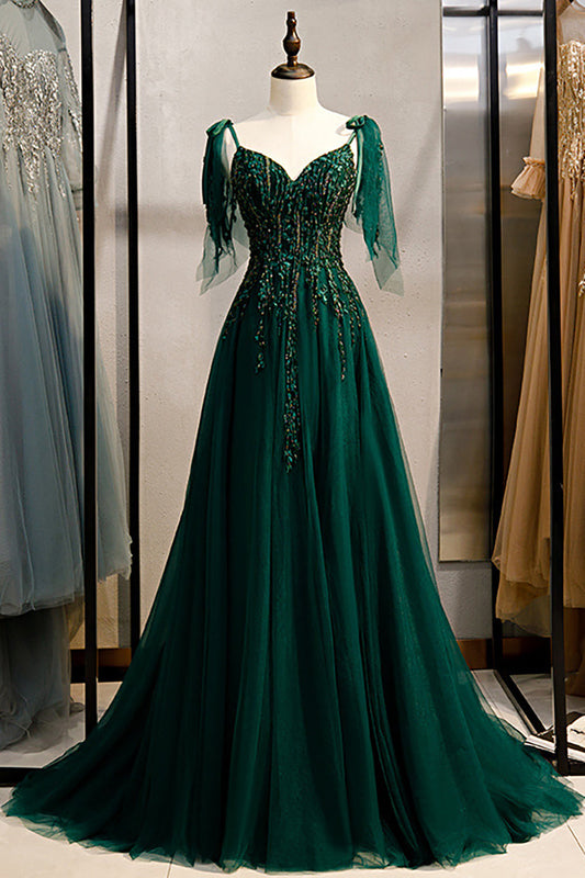 A-Line Spaghetti Strap Dark Green Beaded Prom Dress