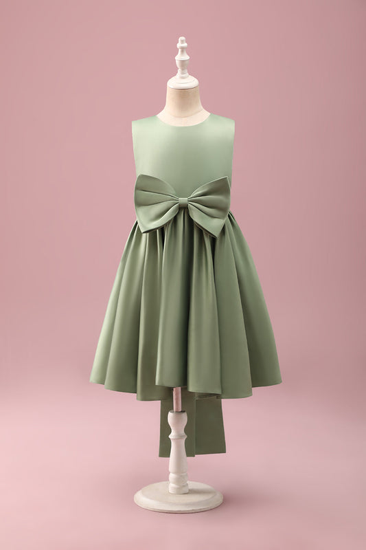Robe Fille de Fleurs A-ligne Col Rond en Satin Gris Vert avec Nœud